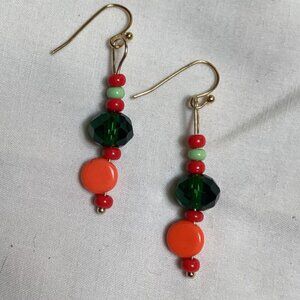 Boho Dangle Orange And Green Earrings Handcrafted  Minimalist Gold Plated Hooks